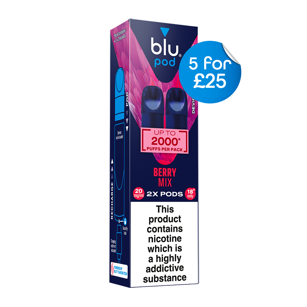 Shop Blu Bar Berry Mix replacement vape pods, 20mg nic salt, 2 pack. Compatible with the Blu Bar Kit. Fast UK delivery, age verification required.