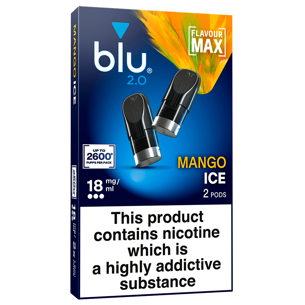 Shop Blu 2.0 Mango Ice prefilled vape pods, 18mg/ml nic salt, 2 pack. Ceramic pod tech, fits Blu 2.0 device only. Fast UK delivery, age verification required.