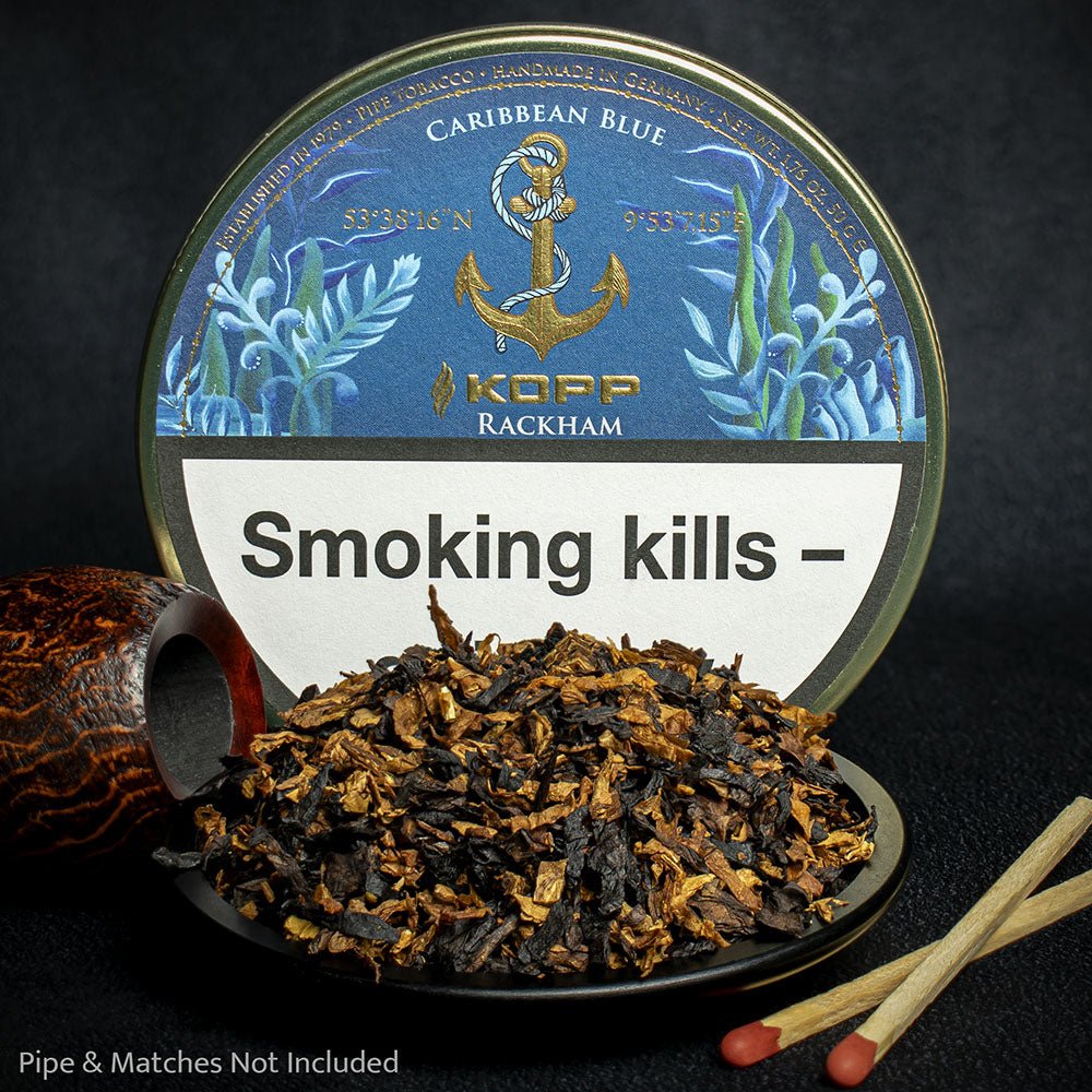 Try Kopp Caribbean Blue Rackham aromatic pipe tobacco, 10g sample. Fruity mango, passion fruit & cherry notes. Fast, discreet UK delivery.