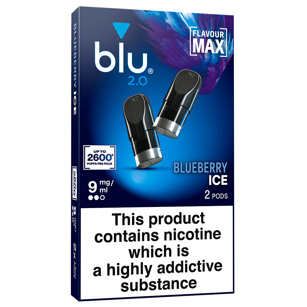 Shop Blu 2.0 Blueberry Ice Vape Pods 9mg. Prefilled 2 pack with sweet blueberry and cool ice flavour, made for the blu 2.0 device.