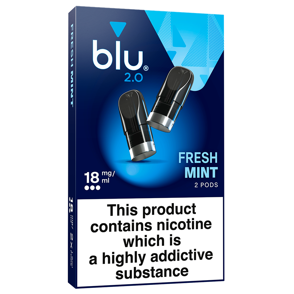 Shop Blu 2.0 Fresh Mint prefilled vape pods, 18mg/ml nic salt, 2 pack. Ceramic pod tech, fits Blu 2.0 device only. Fast UK delivery, age verification required.