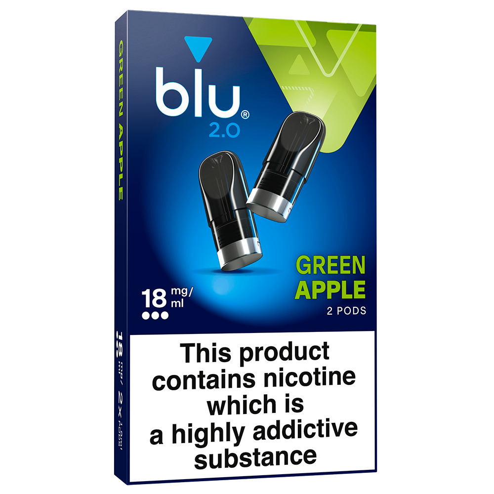 Shop Blu 2.0 Green Apple prefilled vape pods, 18mg/ml nic salt, 2 pack. Ceramic pod tech, fits Blu 2.0 device only. Fast UK delivery, age verification required.
